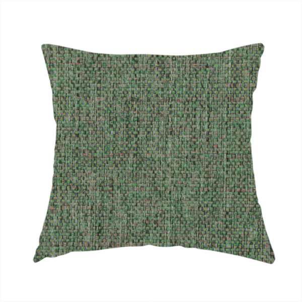 The fabric used to create this handmade cushion is a olive green woven fabric with a multi-tonal, heathered texture.