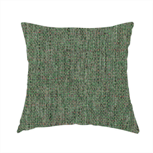 The fabric used to create this handmade cushion is a olive green woven fabric with a multi-tonal, heathered texture.