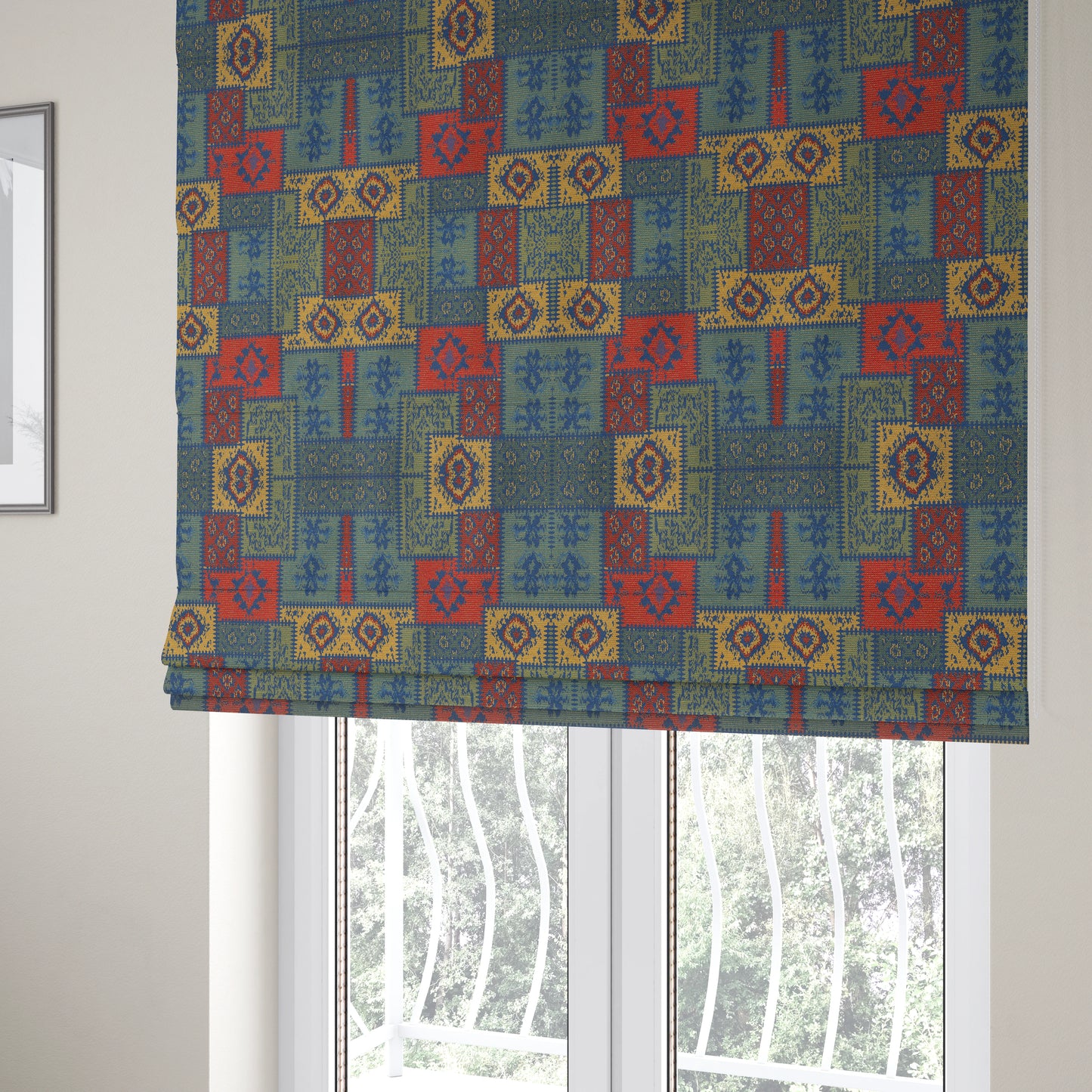 Jayapura Collection Of Kilim Patchwork Heavyweight Chenille Blue Multi Colour Upholstery Fabric CTR-327 - Roman Blinds