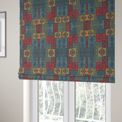 Jayapura Collection Of Kilim Patchwork Heavyweight Chenille Blue Multi Colour Upholstery Fabric CTR-327 - Roman Blinds