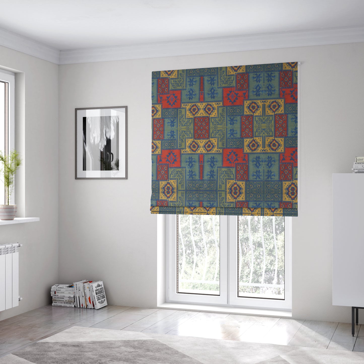 Jayapura Collection Of Kilim Patchwork Heavyweight Chenille Blue Multi Colour Upholstery Fabric CTR-327 - Roman Blinds