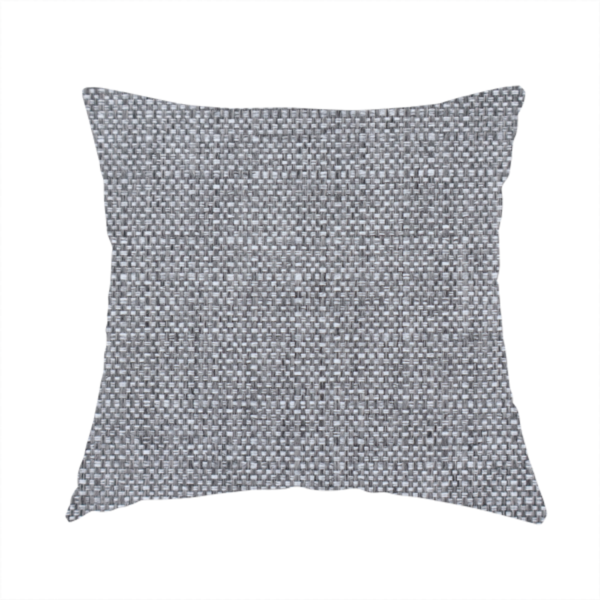 The fabric used to create this handmade cushion is a steel grey woven fabric with a dense, multi-tonal heathered texture.