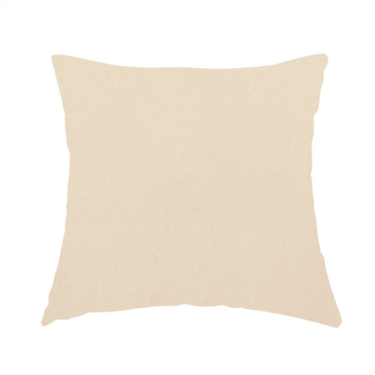 The fabric used to create this handmade cushion features a fine, dense pile with a soft matte finish in a pale, sandy-beige tone. This high-performance upholstery material offers a luxurious feel with built-in moisture resistance for added durability.
