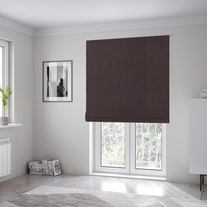 The fabric used to create these Roman blinds displays a dense, low-profile pile with a soft matte finish in a deep, sophisticated chocolate brown. This high-performance upholstery material offers a plush texture and a specialized water-resistant coating for superior durability.