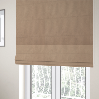 The fabric used to create these Roman blinds showcases a dense, plush pile with a soft matte finish in a classic, neutral brownish-grey tone. This high-performance upholstery material offers a luxurious texture combined with a specialized water-resistant coating for practical, everyday use.