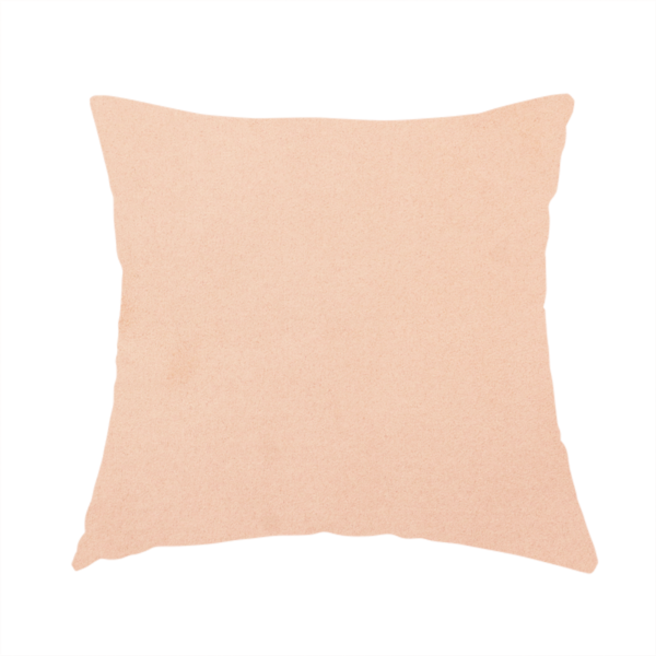 The fabric used to create this handmade cushion features a dense, soft pile with a matte finish in a delicate, pale peachy-pink tone. This high-performance upholstery material offers a luxurious feel and a specialized water-resistant coating, making it both elegant and durable.
