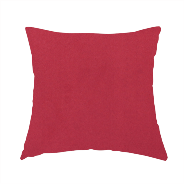 The fabric used to create this handmade cushion features a dense, plush pile with a soft matte finish in a rich, vibrant crimson-red tone. This high-performance upholstery material offers a luxurious feel and a specialized water-resistant coating for superior durability and style.