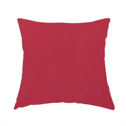 The fabric used to create this handmade cushion features a dense, plush pile with a soft matte finish in a rich, vibrant crimson-red tone. This high-performance upholstery material offers a luxurious feel and a specialized water-resistant coating for superior durability and style.