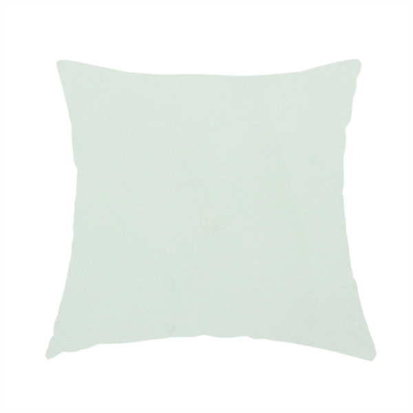 The fabric used to create this handmade cushion features a dense, plush pile with a soft matte finish in a very pale, cool-toned minty blue. This high-performance upholstery material offers a luxurious feel and a specialized water-resistant coating for superior durability and a serene, modern aesthetic.