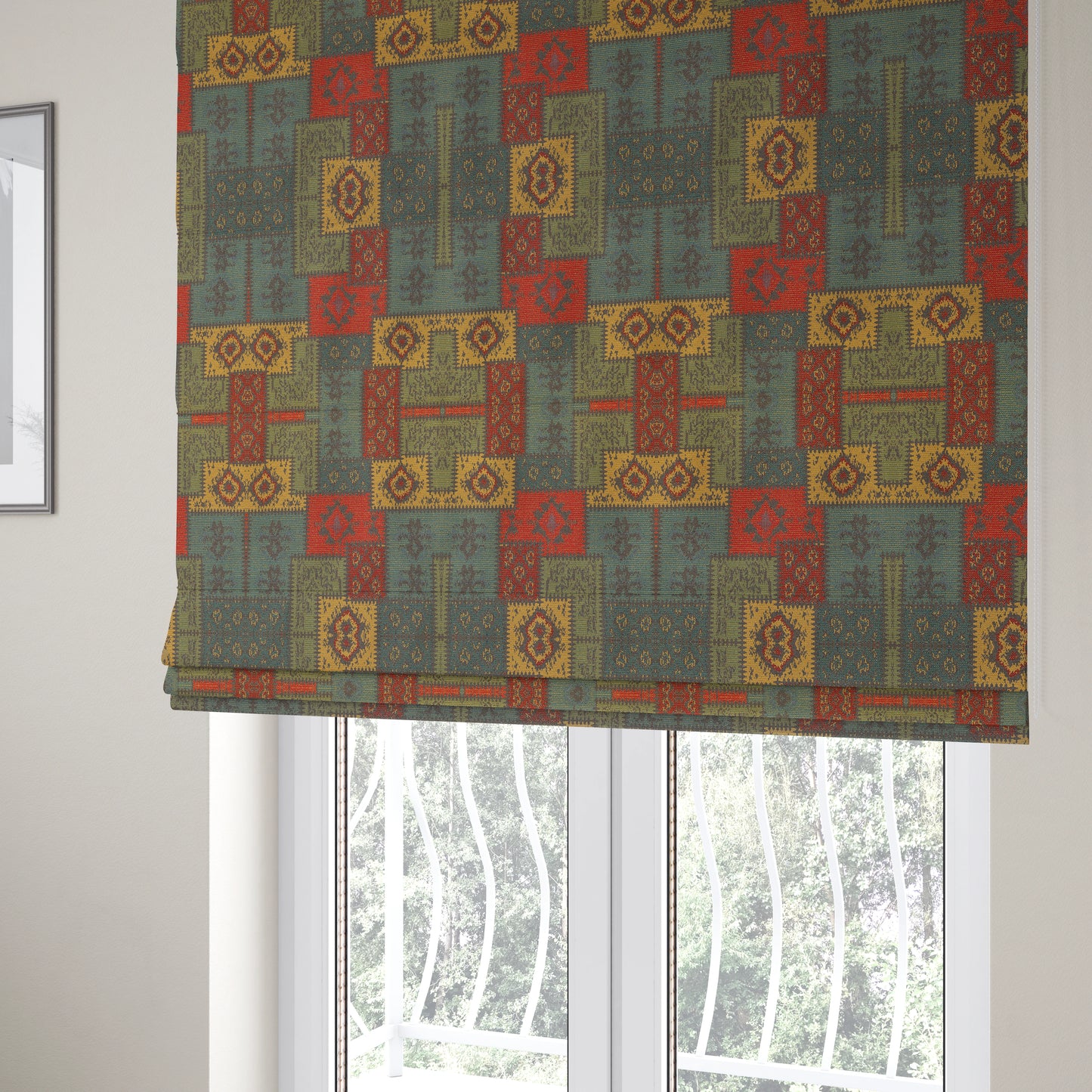 Jayapura Collection Of Kilim Patchwork Heavyweight Chenille Grey Multi Colour Upholstery Fabric CTR-329 - Roman Blinds