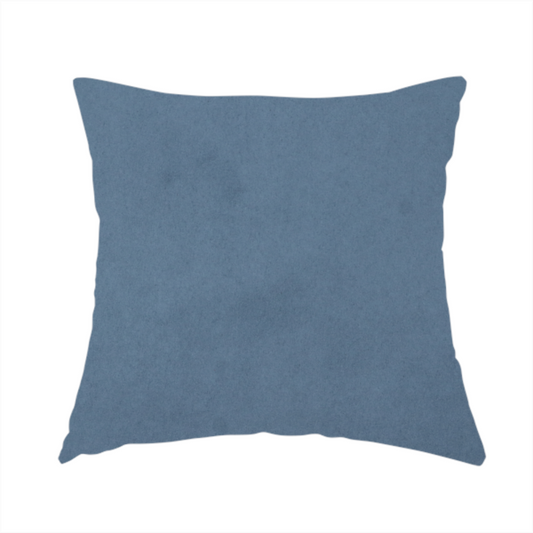 The fabric used to create this handmade cushion features a dense, plush pile with a soft matte finish in a sophisticated, mid-toned greyish-blue. This high-performance upholstery material offers a luxurious feel and a specialized water-resistant coating for superior durability and a calm, modern look.