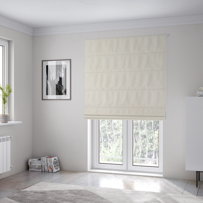 The fabric used to create these Roman blinds features a dense, plush pile with a clean, matte finish in a brilliant pure white. This high-performance upholstery material offers a luxurious feel and a specialized water-resistant coating for superior durability.