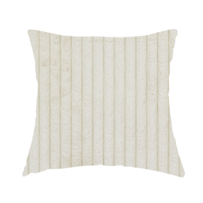 The fabric used to create these handmade cushions is an off-white or cream-coloured corduroy featuring a consistent, vertical ribbed texture.