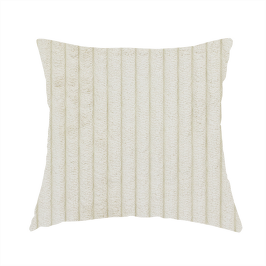 The fabric used to create these handmade cushions is an off-white or cream-coloured corduroy featuring a consistent, vertical ribbed texture.