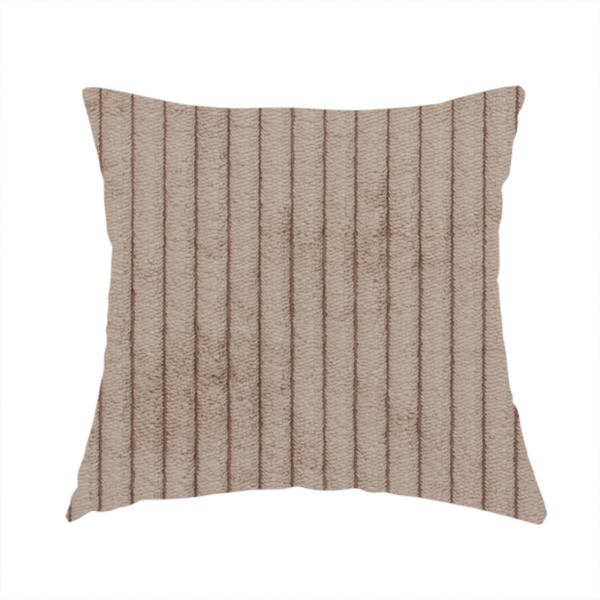 The fabric used to create these handmade cushions is a beige or light taupe corduroy featuring a consistent vertical ribbed texture.