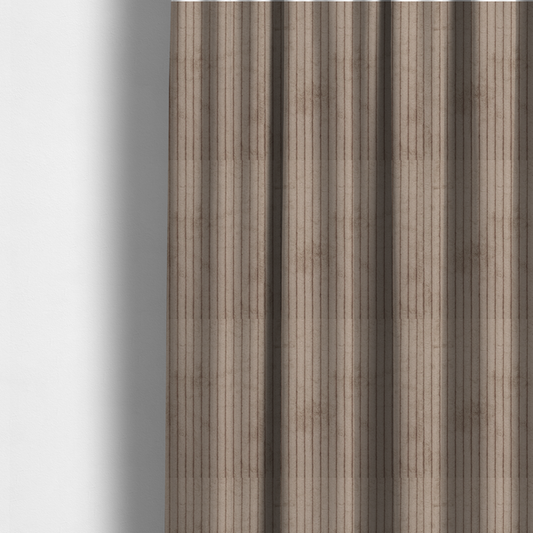 The fabric used to create these made-to-measure curtains is a beige or light taupe corduroy featuring a consistent vertical ribbed texture.