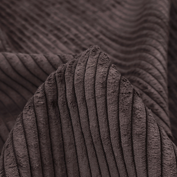 This fabric is a dark chocolate brown corduroy featuring a consistent vertical ribbed texture.