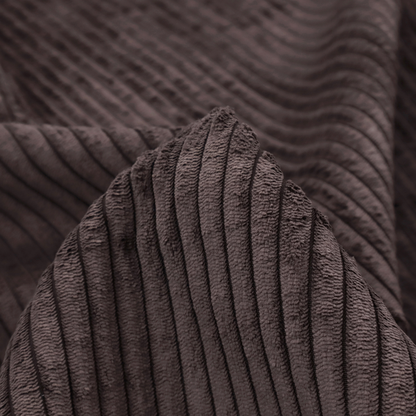 This fabric is a dark chocolate brown corduroy featuring a consistent vertical ribbed texture.