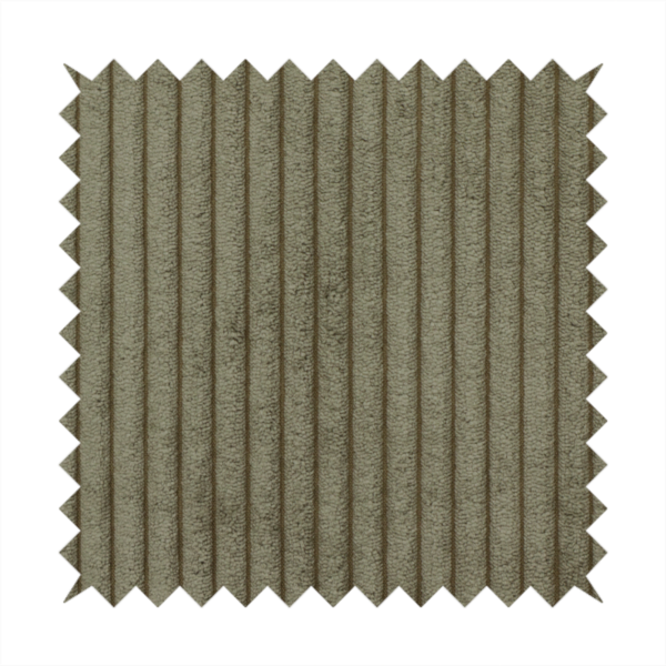 This fabric is an olive-green corduroy featuring a consistent vertical ribbed texture.