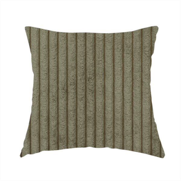 The fabric used to create this handmade cushion is an olive-green corduroy featuring a consistent vertical ribbed texture.