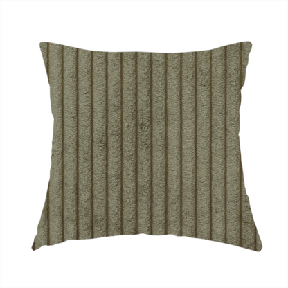 The fabric used to create this handmade cushion is an olive-green corduroy featuring a consistent vertical ribbed texture.