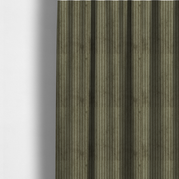 The fabric used to create these made-to-measure curtains is an olive-green corduroy featuring a consistent vertical ribbed texture.