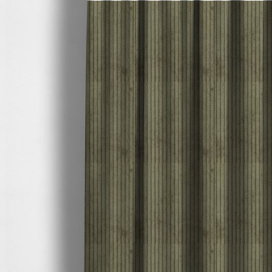 The fabric used to create these made-to-measure curtains is an olive-green corduroy featuring a consistent vertical ribbed texture.