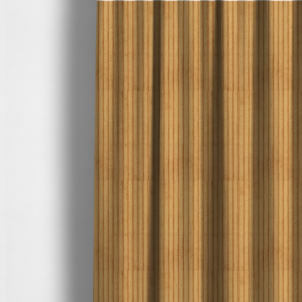 the fabric used to create these made-to-measure curtains is a warm, golden-yellow or ochre corduroy featuring a consistent vertical ribbed texture.