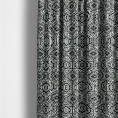 Althea Flat Weave Chenille Medallion Kilim Pattern In Black White Furnishing Fabric CTR-331 - Made To Measure Curtains