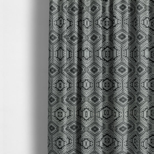 Althea Flat Weave Chenille Medallion Kilim Pattern In Black White Furnishing Fabric CTR-331 - Made To Measure Curtains