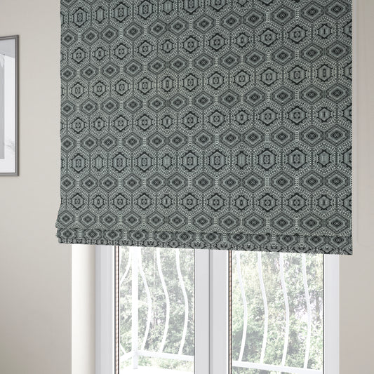 Althea Flat Weave Chenille Medallion Kilim Pattern In Black White Furnishing Fabric CTR-331 - Roman Blinds