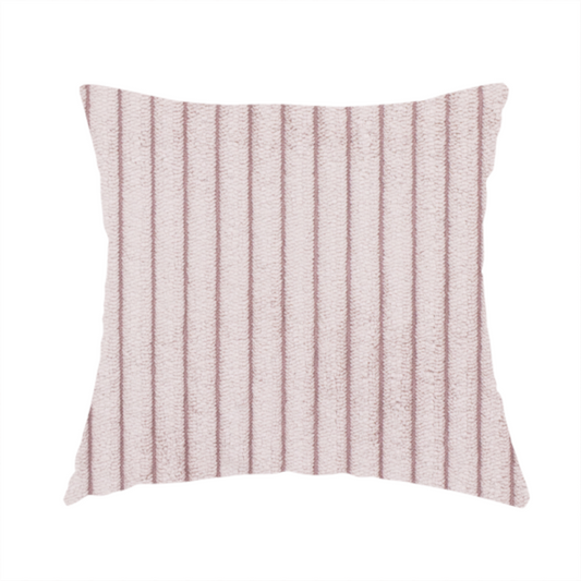 The fabric used to create this handmade cushion is a soft, dusty pink or blush-coloured corduroy featuring a consistent vertical ribbed texture.