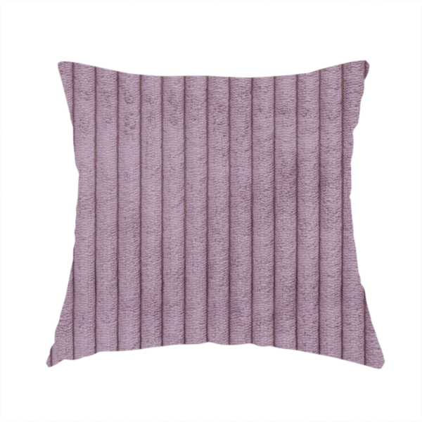 The fabric used to create this handmade cushion is a soft, dusty mauve or lavender-toned corduroy featuring a consistent vertical ribbed texture.