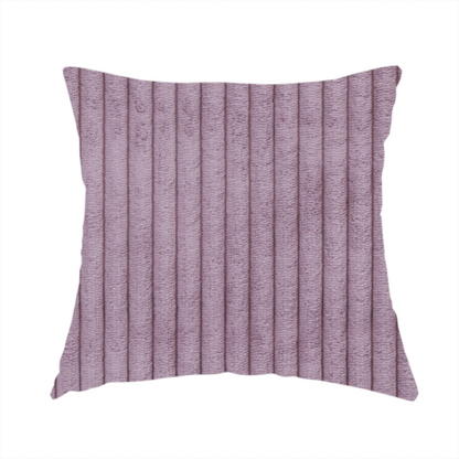 The fabric used to create this handmade cushion is a soft, dusty mauve or lavender-toned corduroy featuring a consistent vertical ribbed texture.