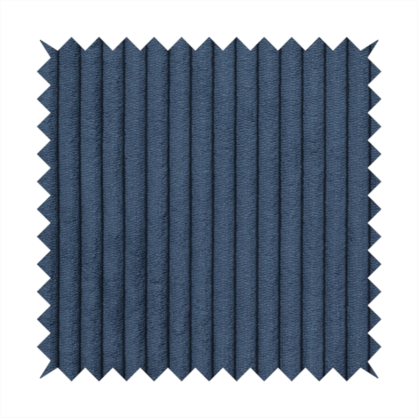 This fabric is a deep navy blue corduroy featuring a consistent vertical ribbed texture.