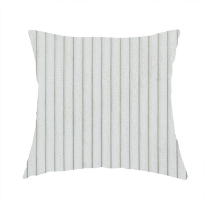 The fabric used to create this handmade cushion is a light grey corduroy featuring a consistent vertical ribbed texture.