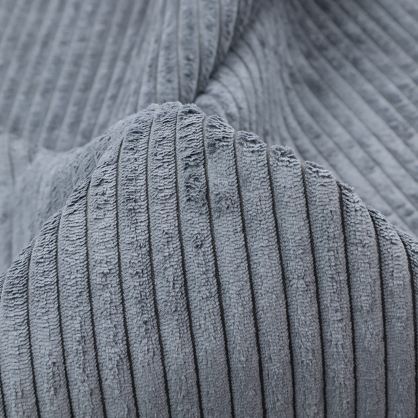 This fabric is a medium-to-dark grey corduroy featuring a consistent vertical ribbed texture.
