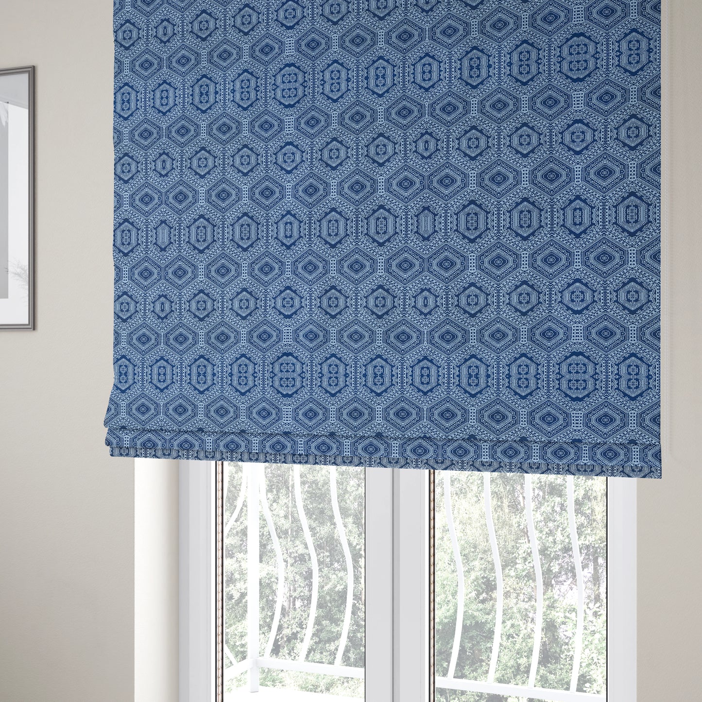 Althea Flat Weave Chenille Medallion Kilim Pattern In Blue White Furnishing Fabric CTR-332 - Roman Blinds