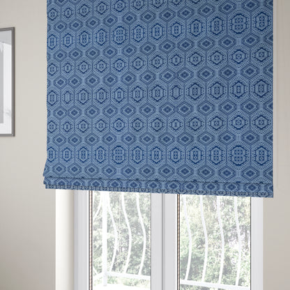 Althea Flat Weave Chenille Medallion Kilim Pattern In Blue White Furnishing Fabric CTR-332 - Roman Blinds