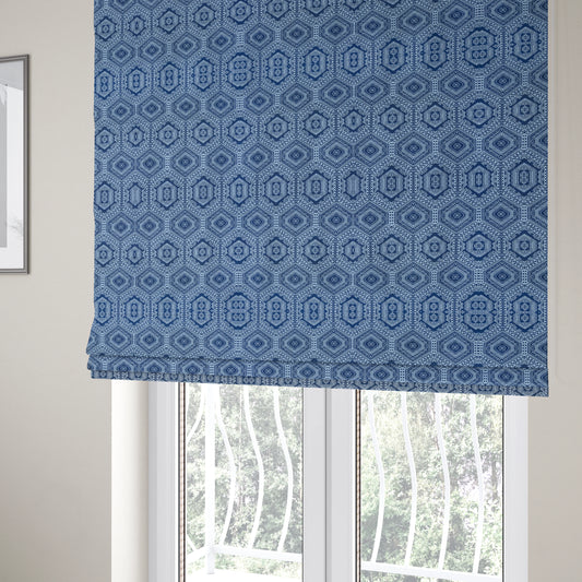 Althea Flat Weave Chenille Medallion Kilim Pattern In Blue White Furnishing Fabric CTR-332 - Roman Blinds