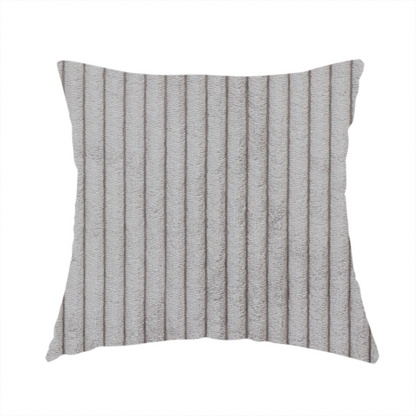 The fabric used to create this handmade cushion is a cool-toned, light grey or silver-grey corduroy featuring a consistent vertical ribbed texture.