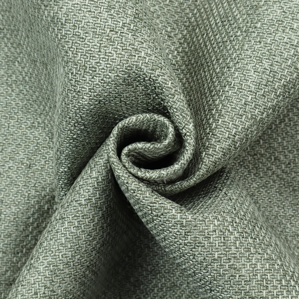 A tightly woven fabric in a muted, earthy sage green shade, featuring a distinct, structured basket-weave pattern.