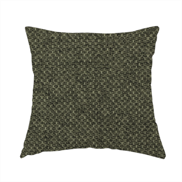 The fabric used to create this handmade cushion is a tightly woven fabric in a deep, sophisticated olive green, featuring a distinct, structured basket-weave pattern.