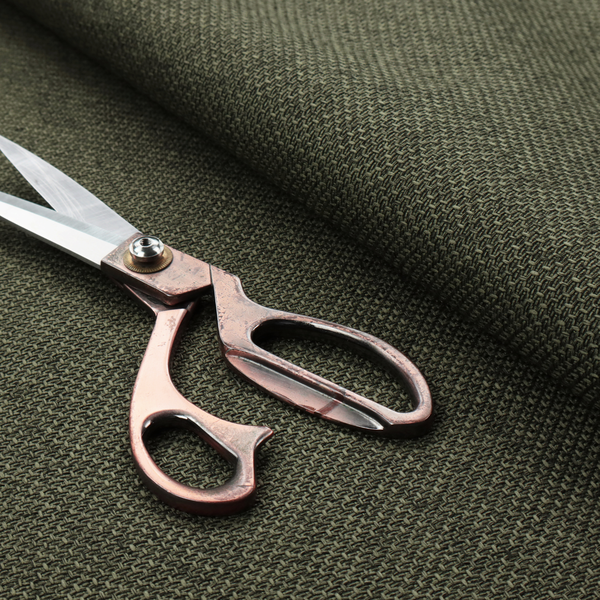 A tightly woven fabric in a deep, sophisticated olive green, featuring a distinct, structured basket-weave pattern.