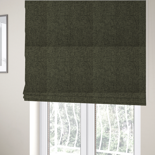 The fabric used to create these Roman blinds is a tightly woven fabric in a deep, sophisticated olive green, featuring a distinct, structured basket-weave pattern.