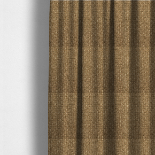 The fabric used to create these made-to-measure curtains is a tightly woven fabric in a neutral, earthy khaki shade, featuring a distinct, structured basket-weave pattern.