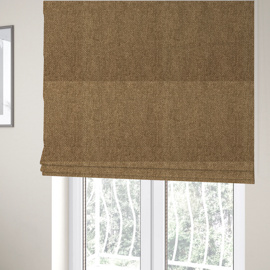 the fabric used to create these Roman blinds is a tightly woven fabric in a neutral, earthy khaki shade, featuring a distinct, structured basket-weave pattern.