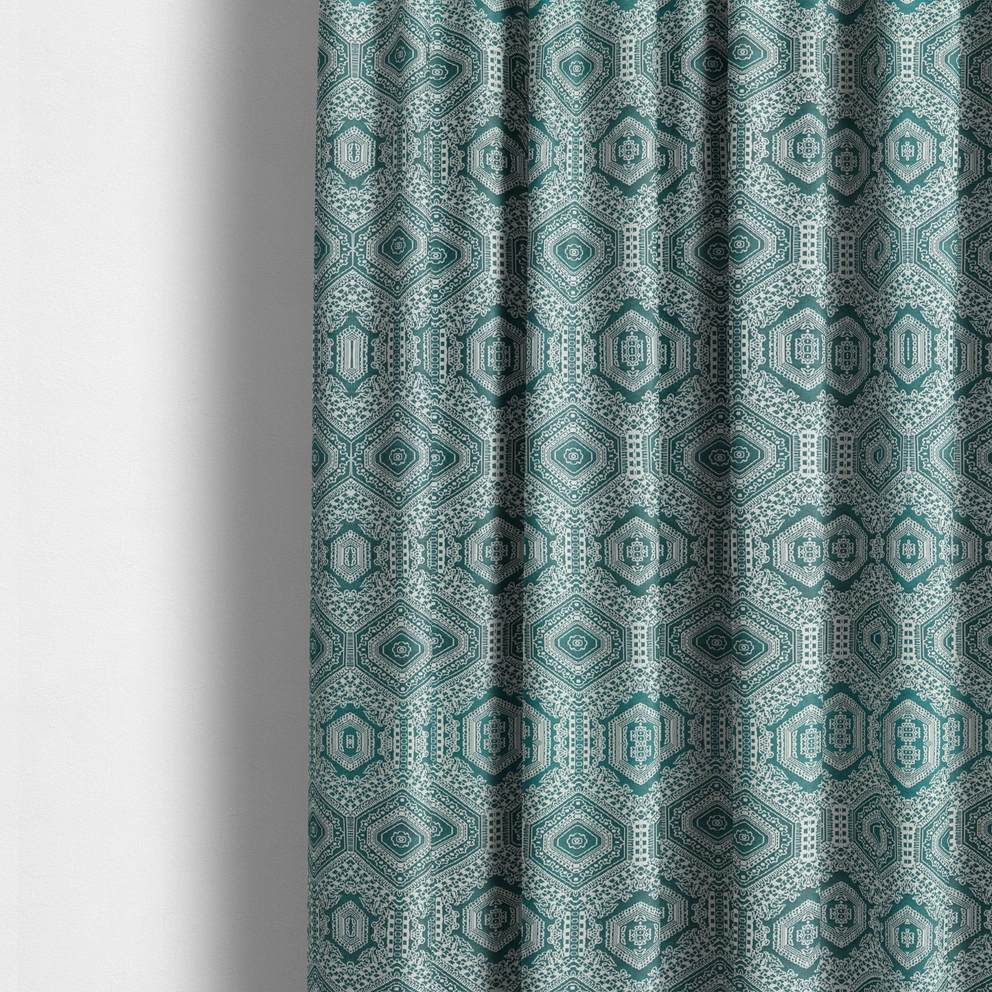 Althea Flat Weave Chenille Medallion Kilim Pattern In Teal White Furnishing Fabric CTR-333 - Made To Measure Curtains