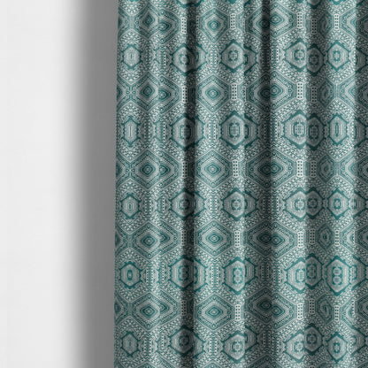 Althea Flat Weave Chenille Medallion Kilim Pattern In Teal White Furnishing Fabric CTR-333 - Made To Measure Curtains