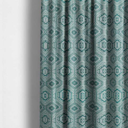 Althea Flat Weave Chenille Medallion Kilim Pattern In Teal White Furnishing Fabric CTR-333 - Made To Measure Curtains